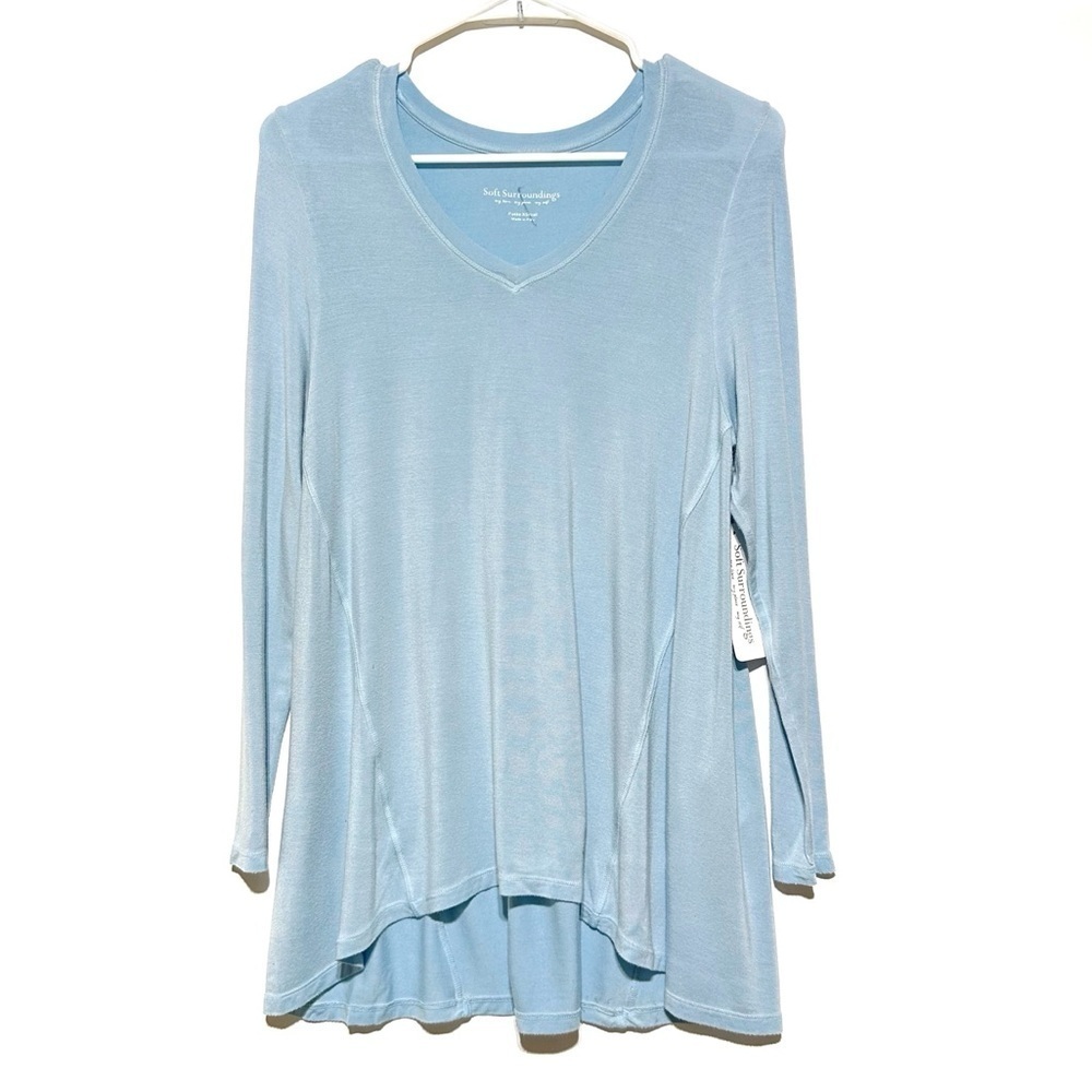 Soft Surroundings Sublime Long Sleeves Plunge Neck T-Shirt In Glacier Blue PXS